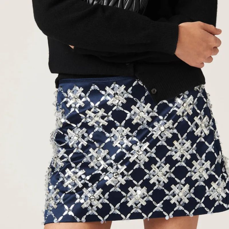 MIU MIU Embroidered Duchess Miniskirt Casual Short Skirts Women's Marine Blue-3