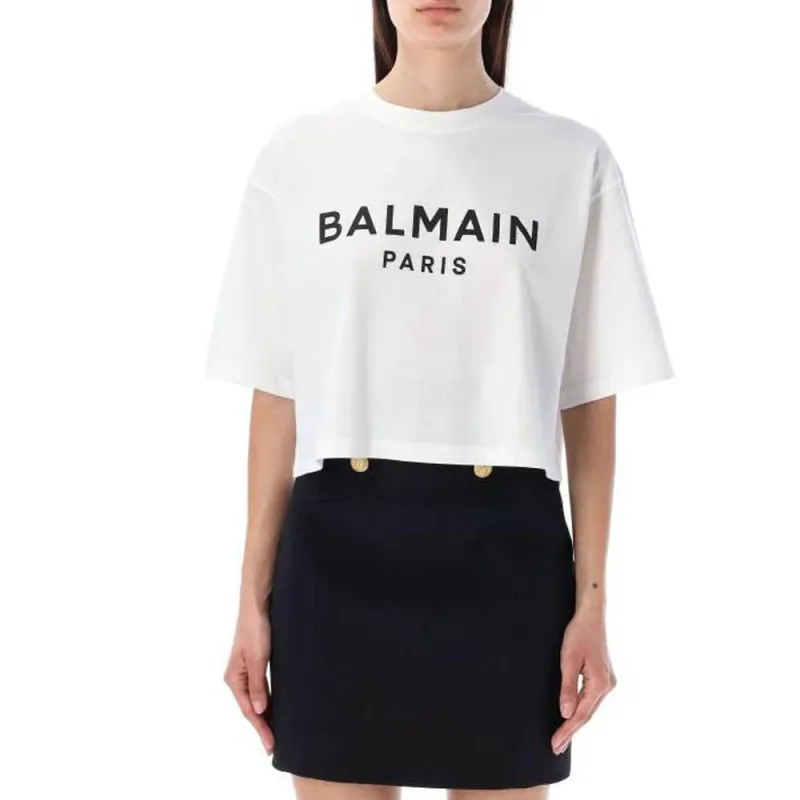 BALMAIN Logo Printed Cropped T Shirt-4
