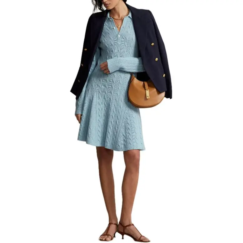 Polo Ralph Lauren Cable-Knit Wool-Cashmere Sweater Dress Long-Sleeved Dresses Women's Light Blue-1