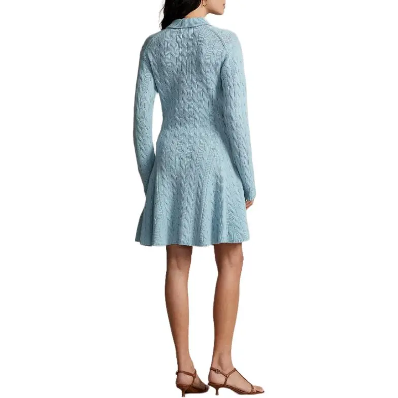 Polo Ralph Lauren Cable-Knit Wool-Cashmere Sweater Dress Long-Sleeved Dresses Women's Light Blue-3