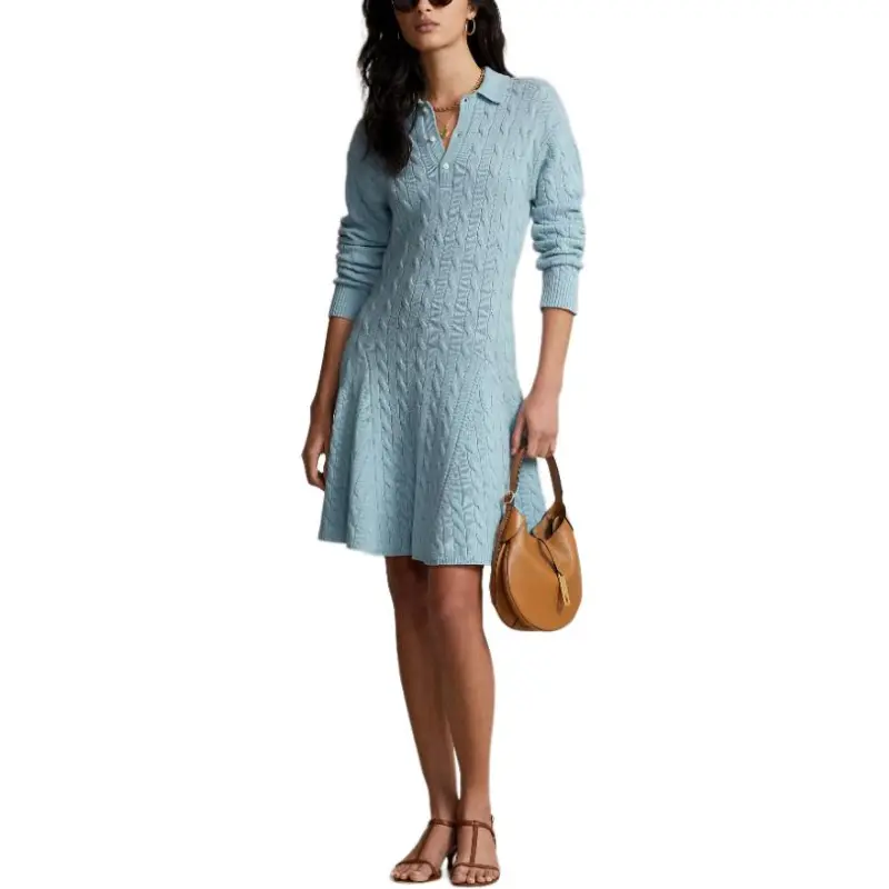 Polo Ralph Lauren Cable-Knit Wool-Cashmere Sweater Dress Long-Sleeved Dresses Women's Light Blue-2