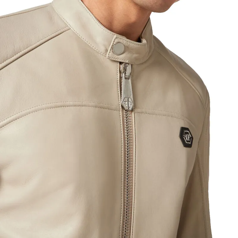 PHILIPP PLEIN Padded Leather Biker Jacket Leather Jacket Men's Ecru-5
