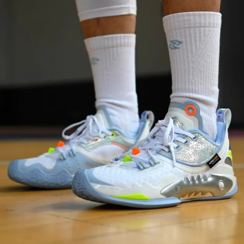 Anta Shock Wave 5 Durable Breathable Low Top Basketball Shoes Men's White Blue-2