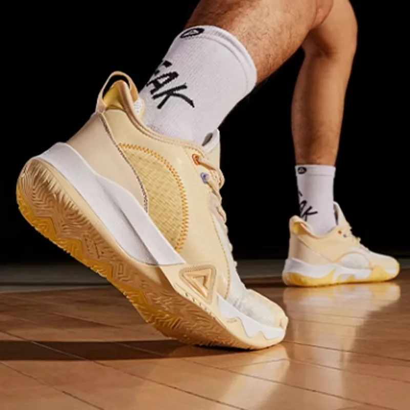 PEAK Cushioned Slip-Resistant Abrasion-Resistant Low-Top Basketball Shoes Men's Yellow White-4