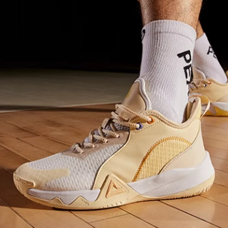 PEAK Cushioned Slip-Resistant Abrasion-Resistant Low-Top Basketball Shoes Men's Yellow White-2