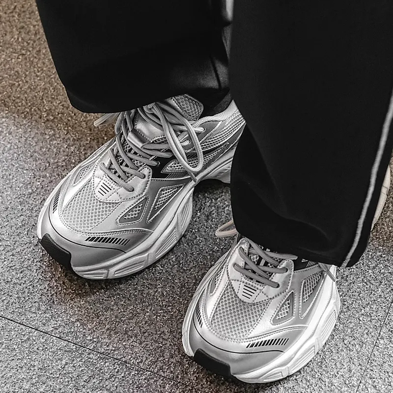WEISHIBANGWEI Breathable Height Increase Low Top Chunky Sneakers Men's Silver-2
