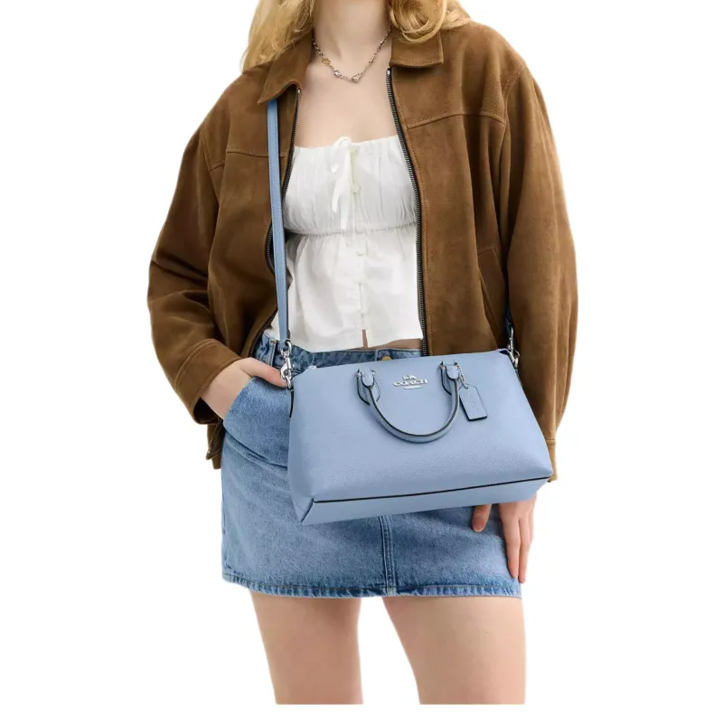 COACH Georgia Refined Pebble Pattern Leather One Shoulder Handbag Large Size Women's Silver & Bluebell-5