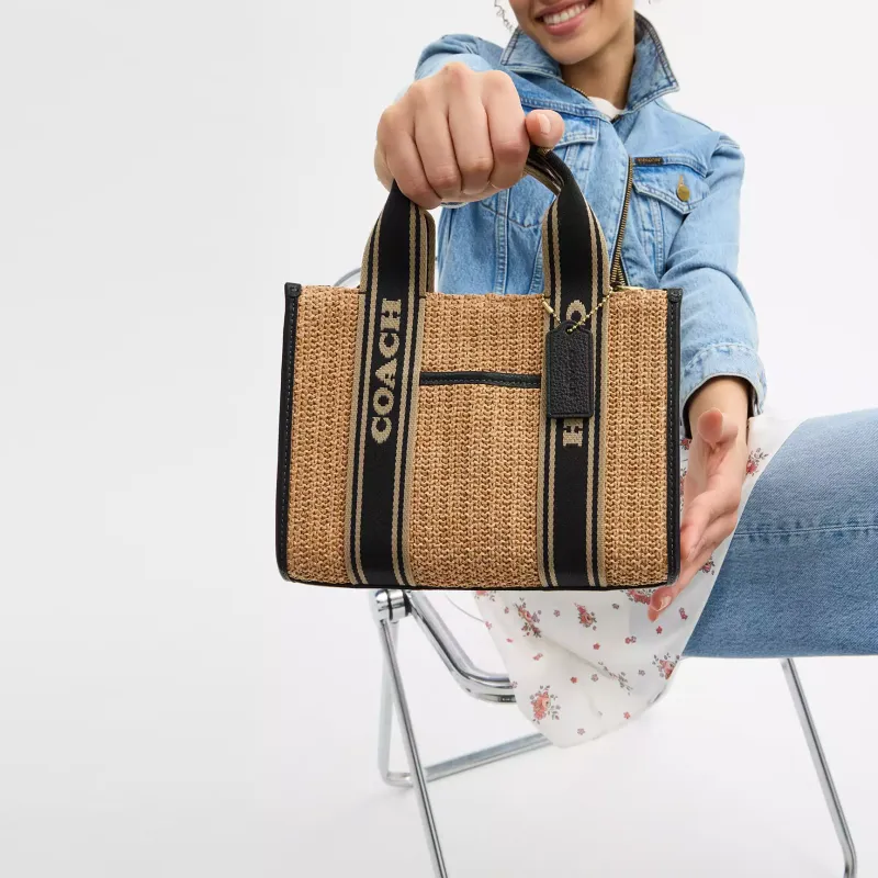 COACH Smith Straw With Leather Tote Bag, Shopping Bag, Shoulder Bag, Handbag Medium Size Women's Khaki & Black-6
