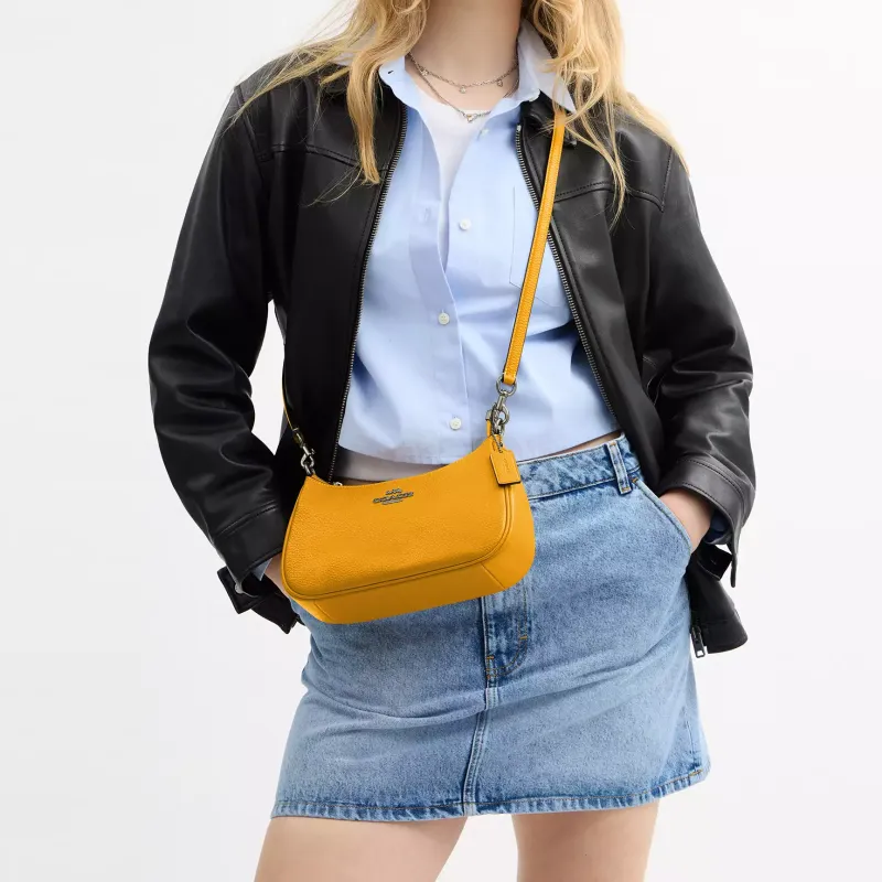 COACH Teri Litchi Grain Leather Handbag, Shoulder Bag Medium Size Women's Ginger Yellow-3