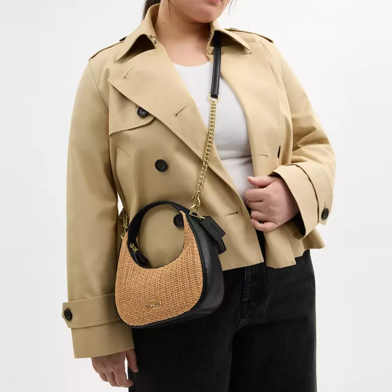 COACH CARMEN Straw With Leather Shoulder Bag, Crossbody Bag, Handbag Mini Women's Khaki & Black-5