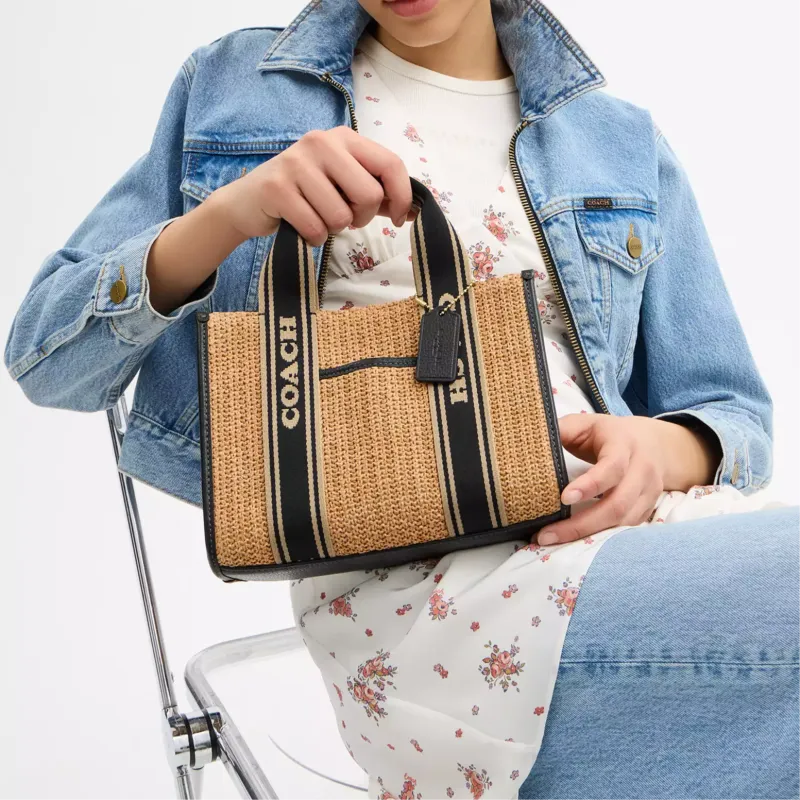 COACH Smith Straw With Leather Tote Bag, Shopping Bag, Shoulder Bag, Handbag Medium Size Women's Khaki & Black-4