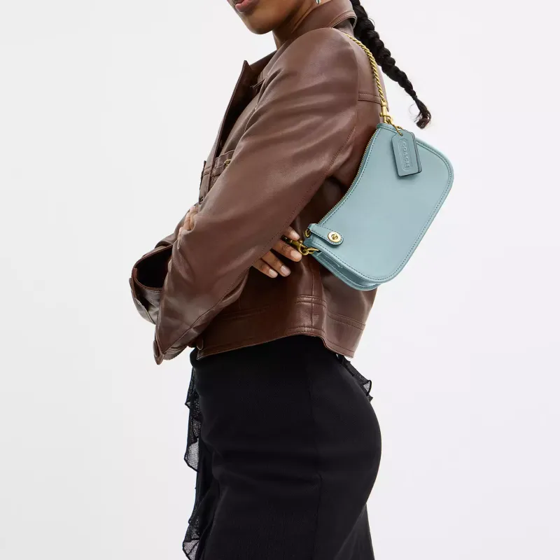 COACH Swinger Leather Handbag, Shoulder Bag Small Size Women's Light Blue-6