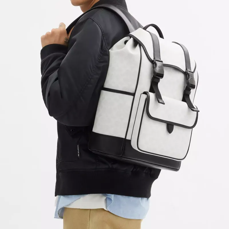 COACH League Coated Canvas Backpack Tubas Men's Black & White-6