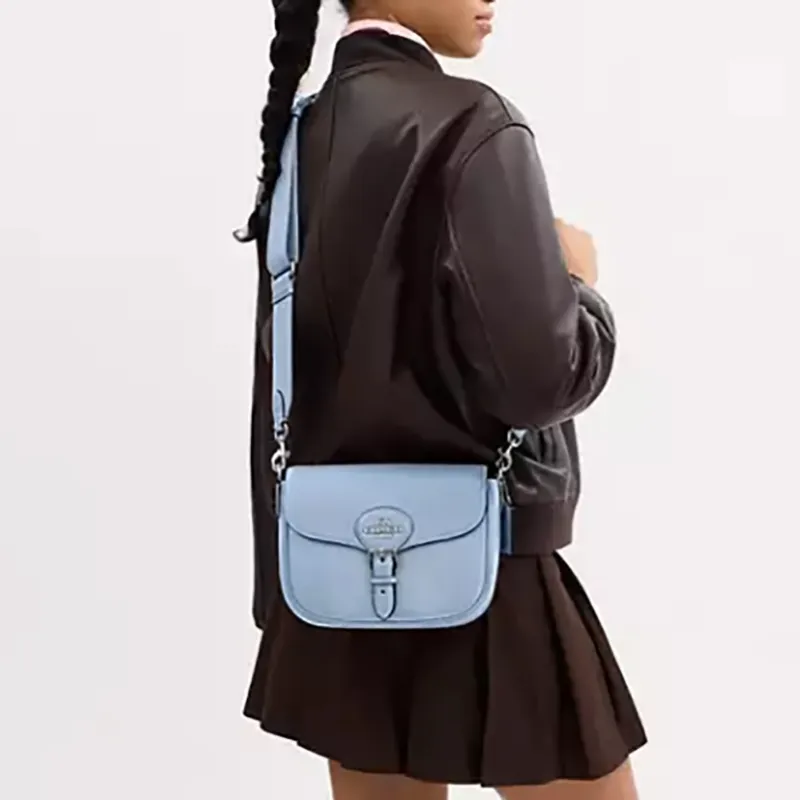 COACH Amelia Pebbled Leather Saddle Bag, Crossbody Bag, Shoulder Bag Medium Size Women's Blue-4