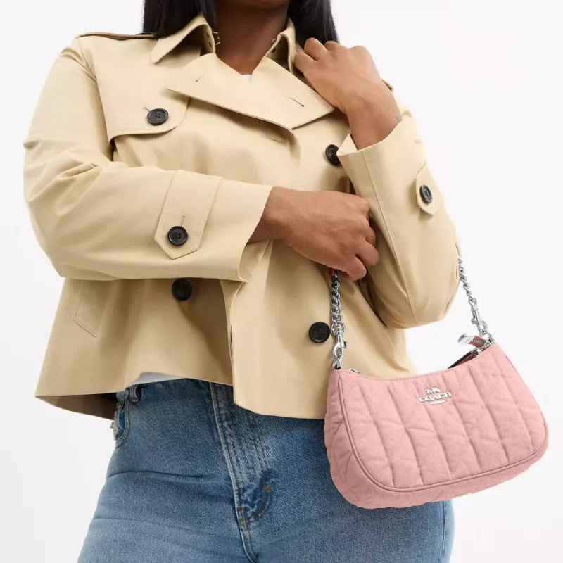 COACH Teri Denim With Leather Crossbody Bag, Shoulder Bag Medium Size Women's Carnation Color-3