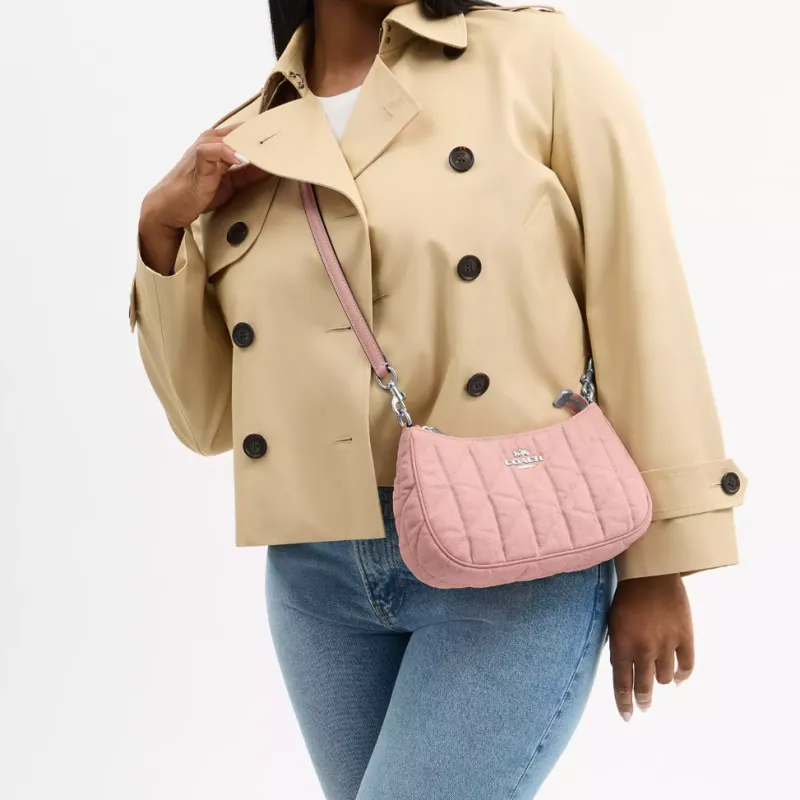 COACH Teri Denim With Leather Crossbody Bag, Shoulder Bag Medium Size Women's Carnation Color-4