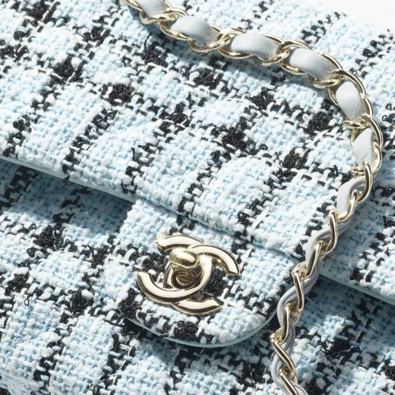 CHANEL Tweed & Gold Metal Shoulder Bag Women's Light Blue-3