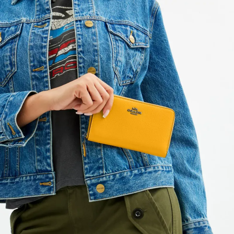 COACH Id Zip Wallet Leather Wallet Medium Size Unisex Ginger Yellow-3