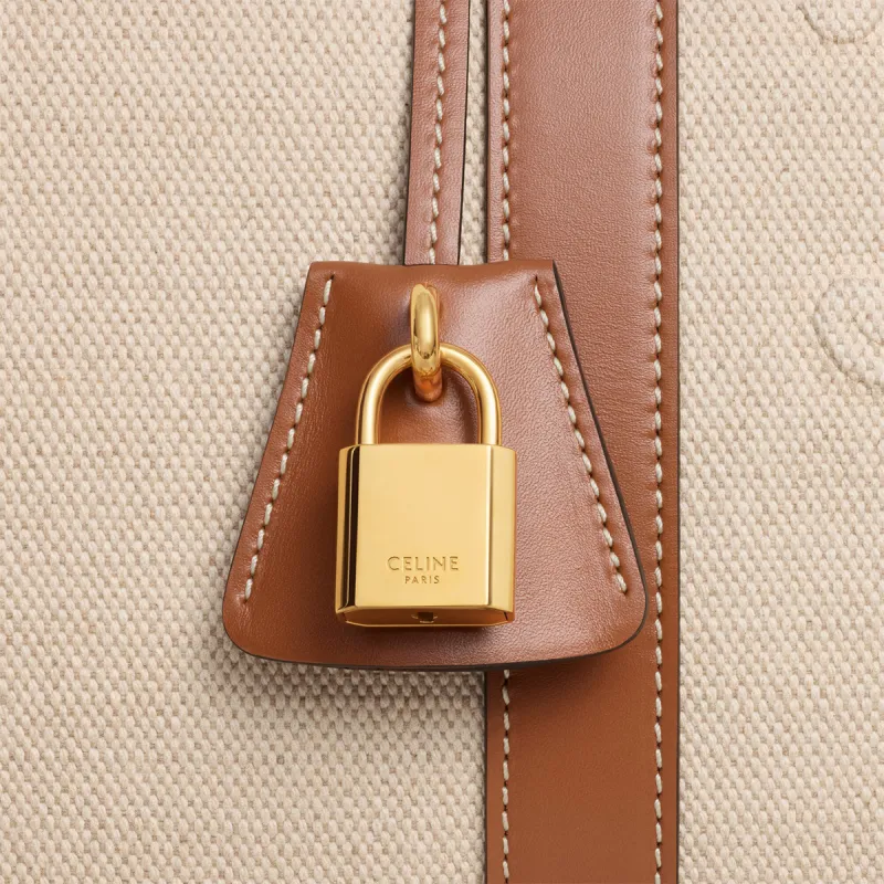 CELINE Fabric With Calfskin One Shoulder Crossbody Handbag, Travel Bag Women's Natural & Brown-3