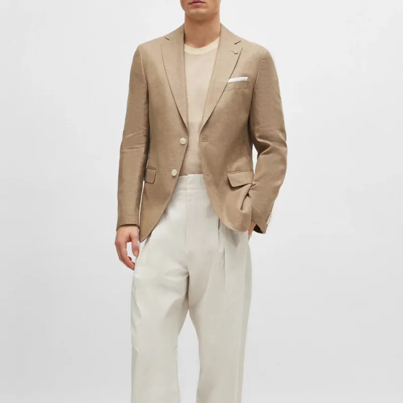HUGO BOSS Slim Fit Jacket In Patterned Virgin Wool And Linen Jackets Coats Men's Light Brown-1