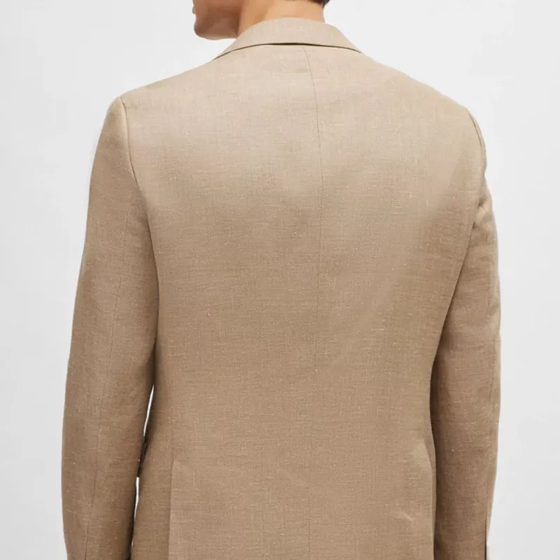 HUGO BOSS Slim Fit Jacket In Patterned Virgin Wool And Linen Jackets Coats Men's Light Brown-2