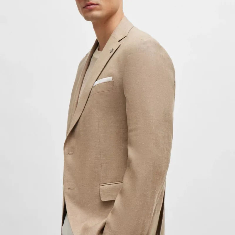 HUGO BOSS Slim Fit Jacket In Patterned Virgin Wool And Linen Jackets Coats Men's Light Brown-3
