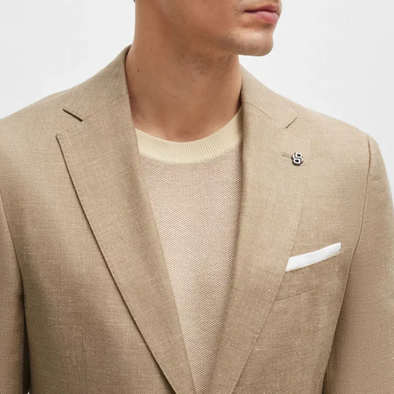 HUGO BOSS Slim Fit Jacket In Patterned Virgin Wool And Linen Jackets Coats Men's Light Brown-5