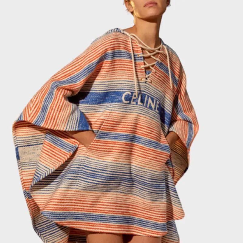 CELINE Striped Drawstring Poncho-3