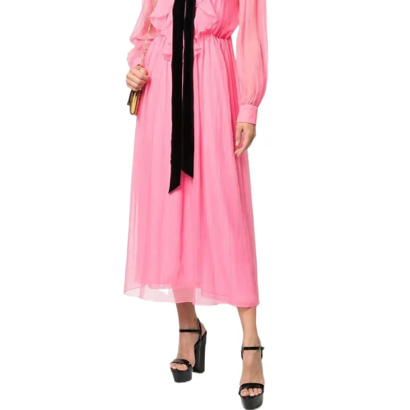 GUCCI Ruffled Silk Long Sleeve Dress Pink-4