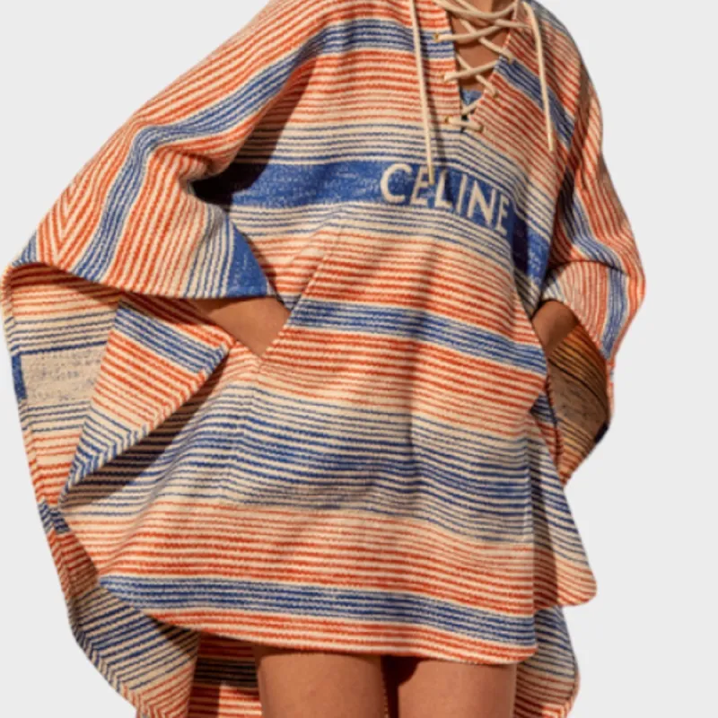 CELINE Striped Drawstring Poncho-4