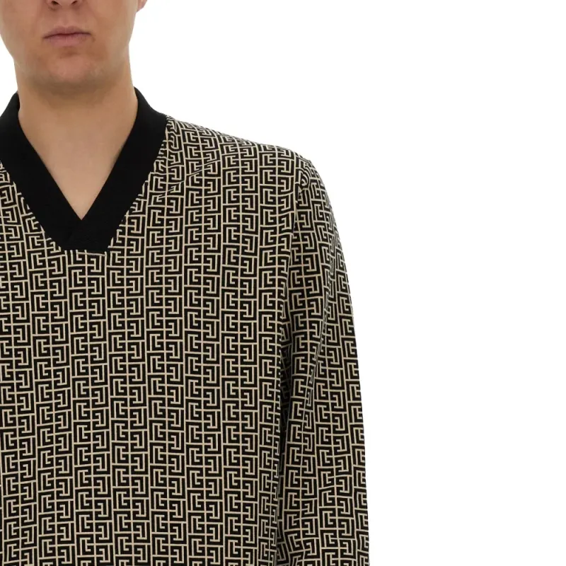 BALMAIN V Neck Monogram Jersey Sweatshirt-3