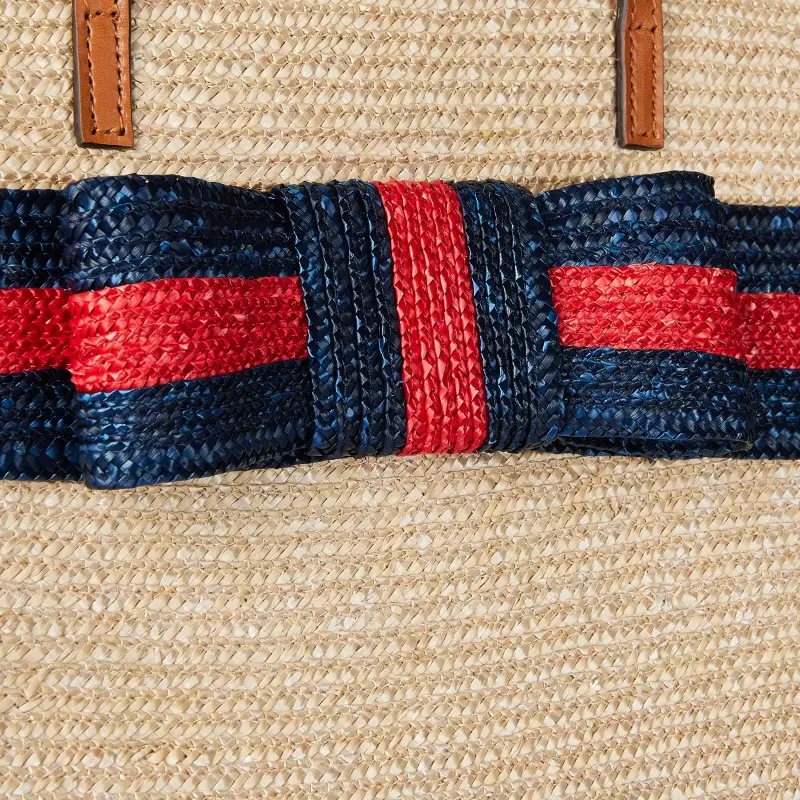GUCCI Straw With Leather Tote Bag Shopping Bag Handbags Kids' Beige & Blue With Red Accents-6
