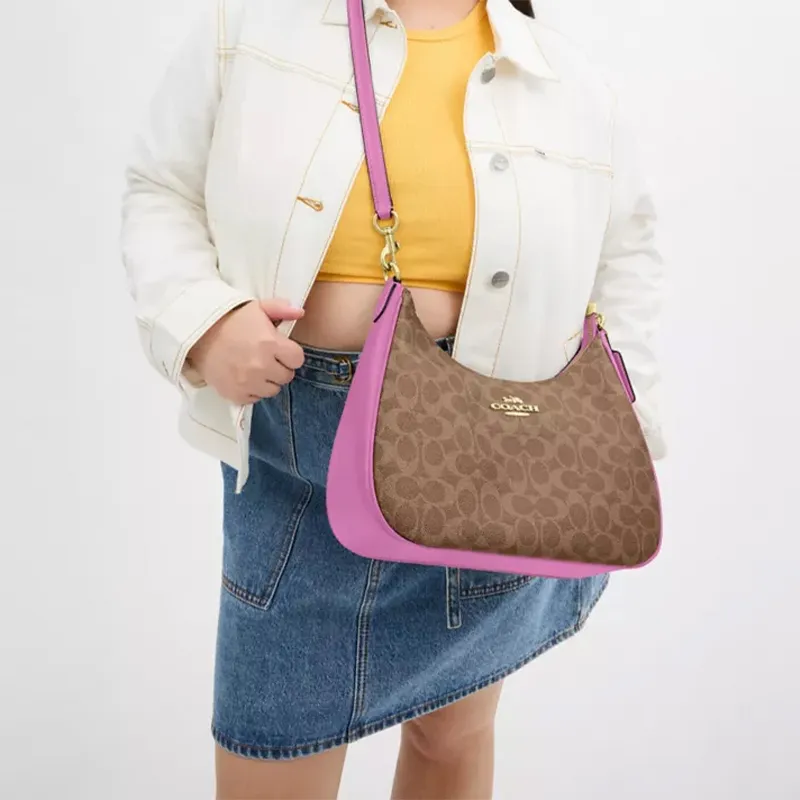 COACH Teri Coated Canvas Crescent Bag, Portable Crossbody Bag, Shoulder Bag Large Size Women's Brown & Cherry Red-4