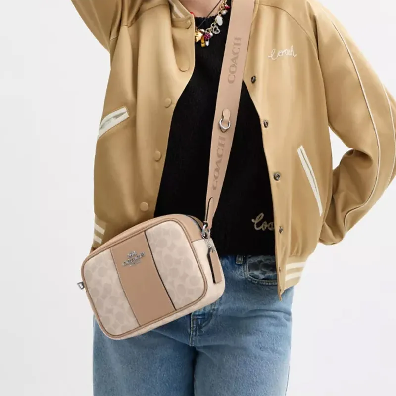 COACH Jamie Canvas With Smooth Leather Camera Bag, Shoulder Bag, Crossbody Bag Trumpets Women's Silver & Sand & Taupe-5
