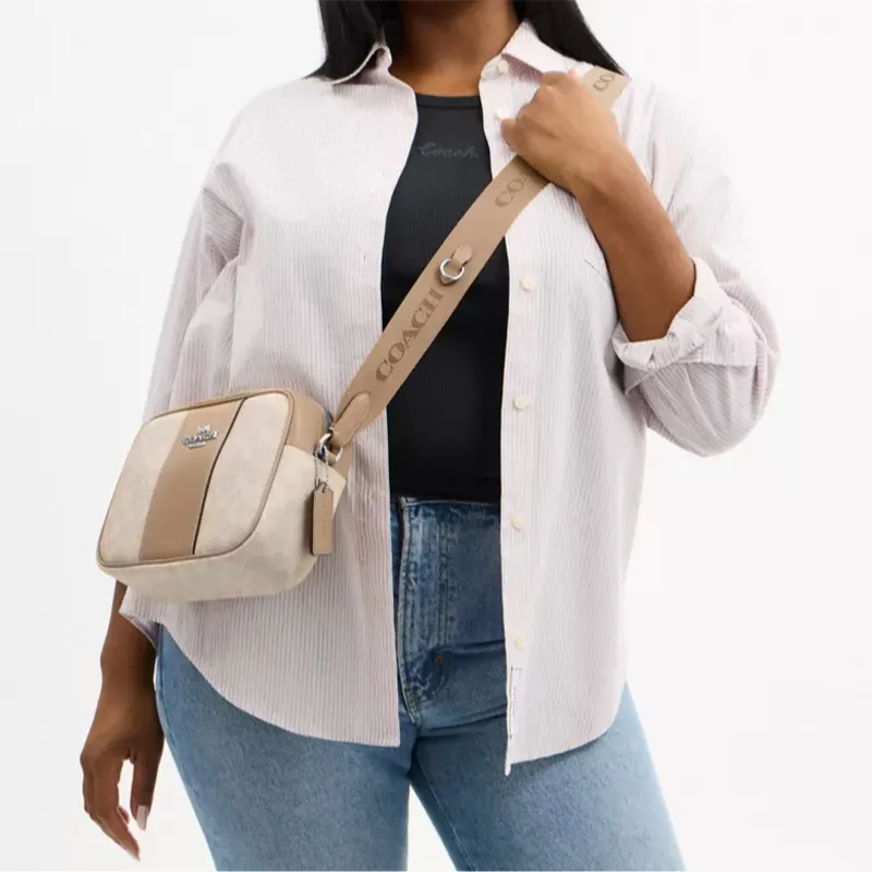 COACH Jamie Canvas With Smooth Leather Camera Bag, Shoulder Bag, Crossbody Bag Trumpets Women's Silver & Sand & Taupe-4