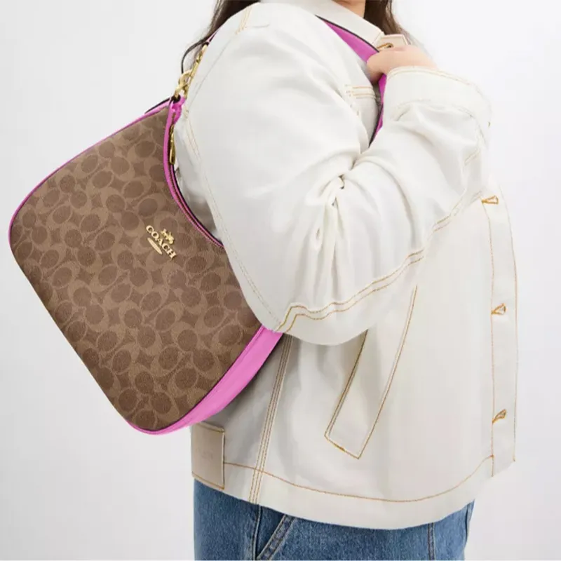 COACH Teri Coated Canvas Crescent Bag, Portable Crossbody Bag, Shoulder Bag Large Size Women's Brown & Cherry Red-5