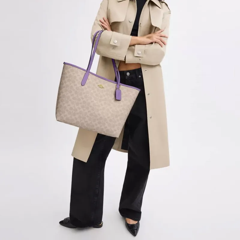COACH City Coated Canvas Tote Bag, Shopping Bag, Handbag, Shoulder Bag Tubas Women's Beige & Purple-4
