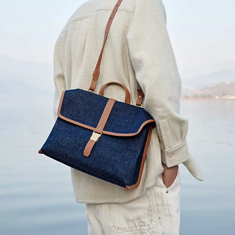 Songmont Fabric Briefcase, Backpack, Shoulder Bag, Crossbody Bag, Handbag Medium Size Unisex Blue Dyed Color-3