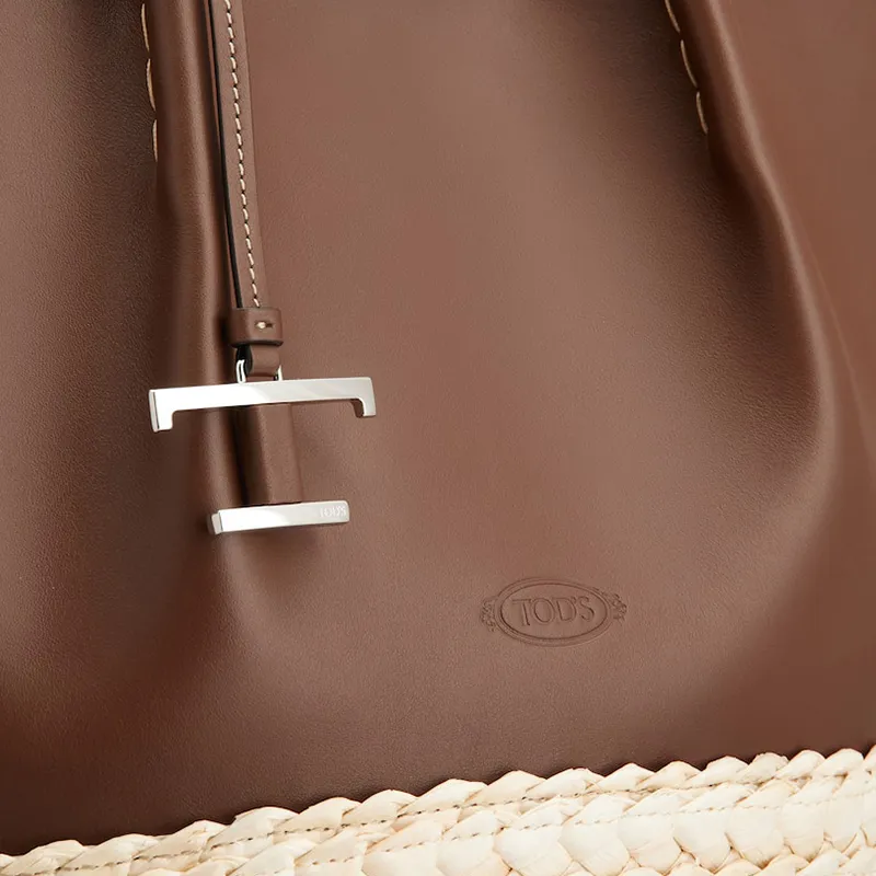 TOD'S Calfskin Tote Bag, Shopping Bag, Handbag, Shoulder Bag Medium Size Women's Brown & Natural-3