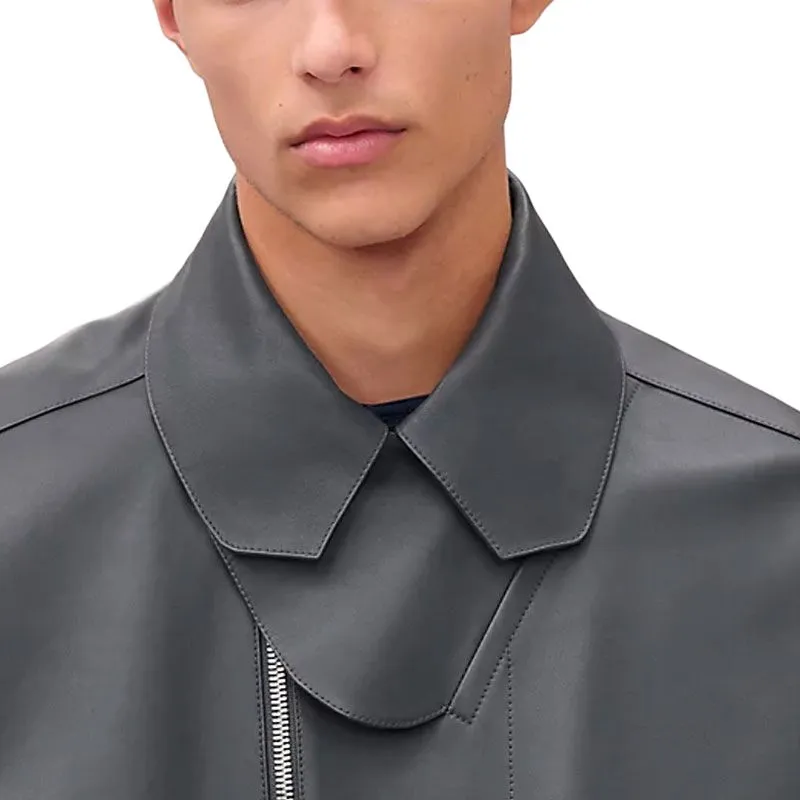HERMES Leather Jacket Men's Black-3