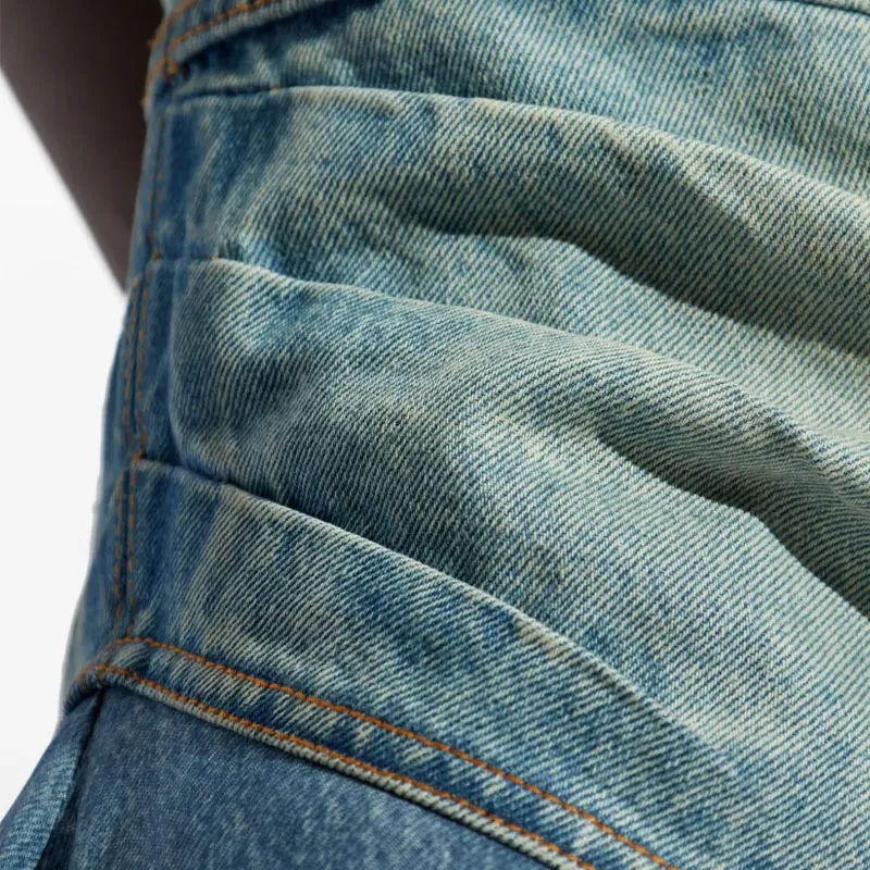 BALMAIN Logo Patch Asymmetric Denim Ruffled Short Skirt-4