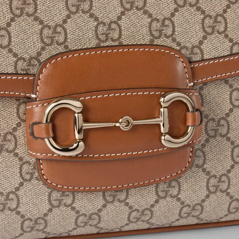 GUCCI Horsebit 1955 Coated Fabric Shoulder Bag Trumpets Women's Beige & Brown-5