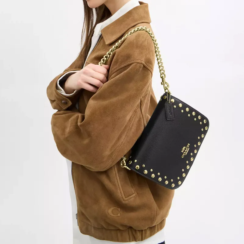 COACH Quinn Delicate Pebble Leather Crossbody Bag, Shoulder Bag Small Size Women's Black-6