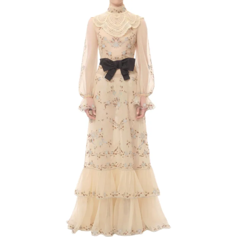 Valentino SS25 Long Sleeved Dresses Women's Apricot-1