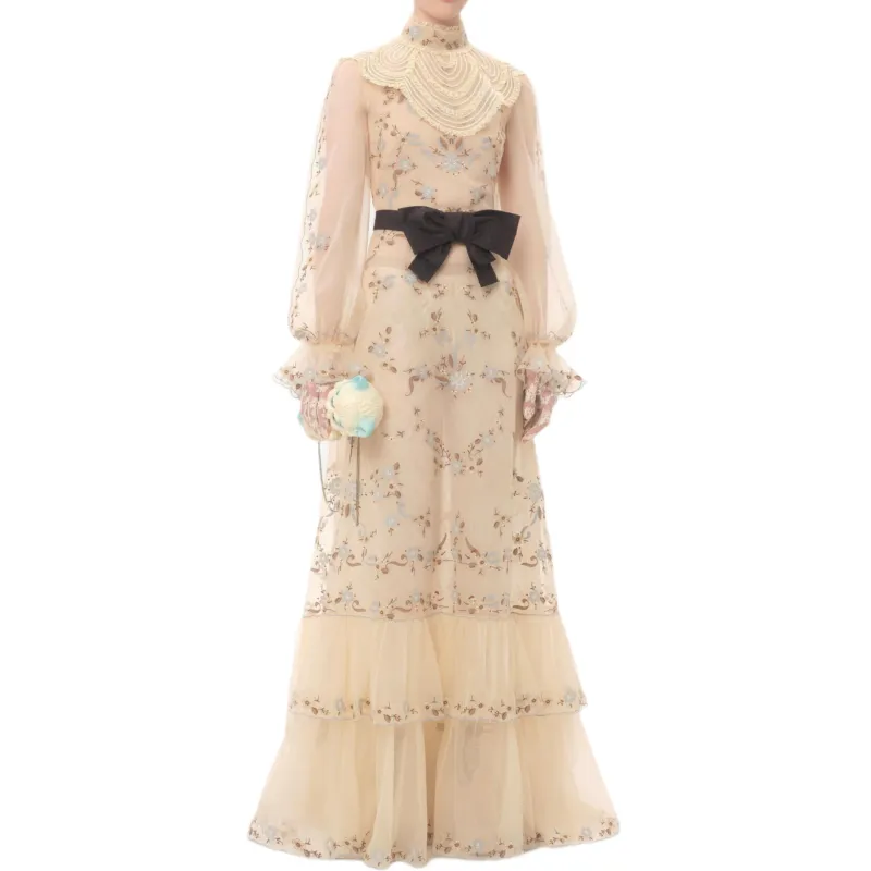Valentino SS25 Long Sleeved Dresses Women's Apricot-2