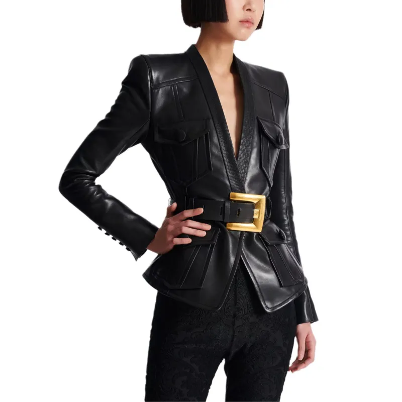 BALMAIN Belted Leather Jacket-4