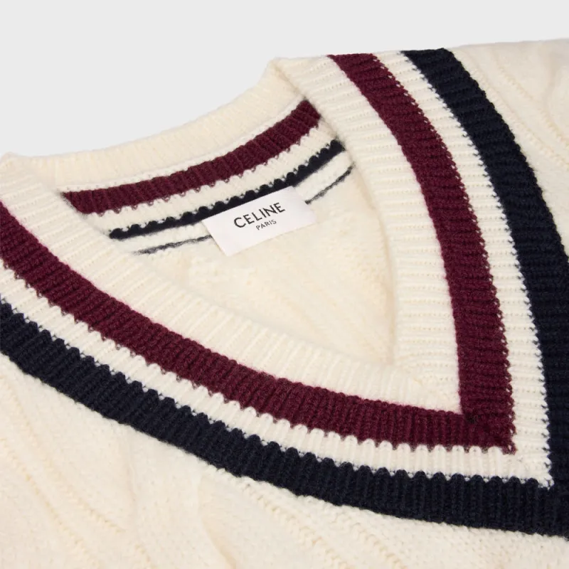 CELINE Triomphe Cashmere V Neck Cable Knit Vest-3
