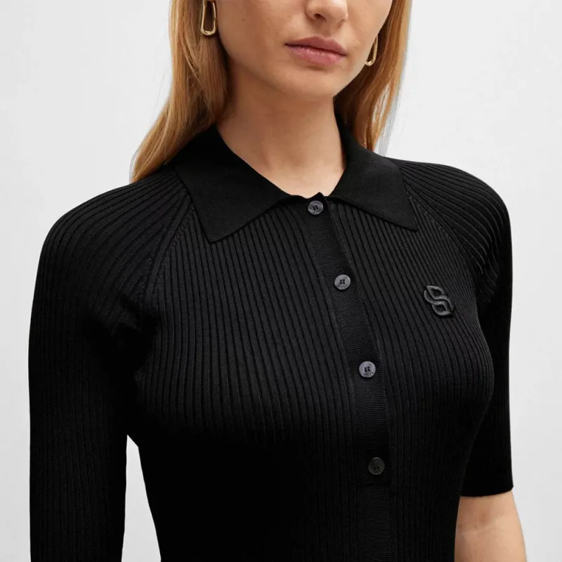 HUGO BOSS Button Placket Dress With Double Monogram Long Sleeved Dress Women's Black-4