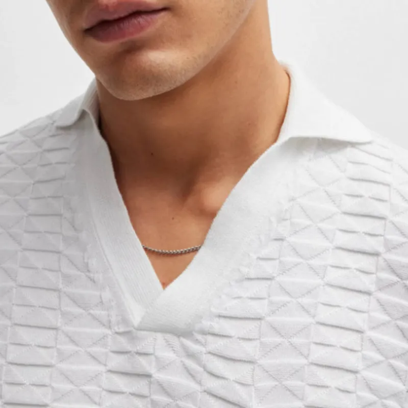 HUGO BOSS Cotton Sweater In Knitted Jacquard With Johnny Collar T Shirt Men's White-3