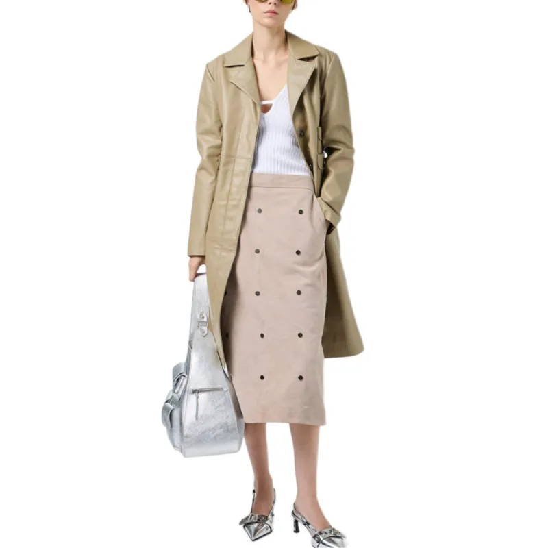 Iceberg Leather Long Skirt Women's Dark Khaki-3